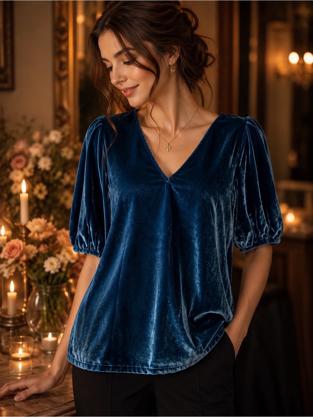 Velvet Puff Sleeve V-Neck Top Teal Blue Romantic Style